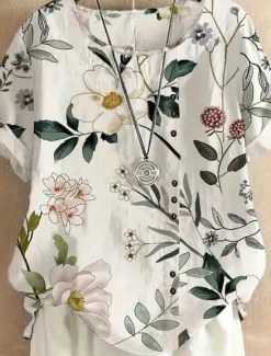 Women's Shirt Blouse Elegant Floral Print Short Sleeve Regular Tops Crew Neck Daily Linen Like Summer Women Blouses & Shirts