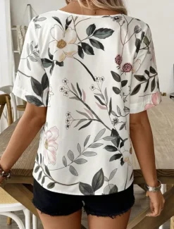 Women's Shirt Blouse Elegant Floral Print Short Sleeve Regular Tops Crew Neck Daily Linen Like Summer Women Blouses & Shirts