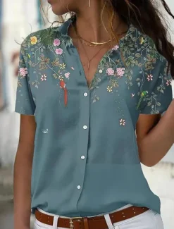 New Women's Shirt Blouse Fashion Floral Buttons Print Short Sleeve Regular Tops Shirt Collar Casual Holiday Pink Blue Green Summer Women Spring Tops