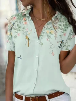 New Women's Shirt Blouse Fashion Floral Buttons Print Short Sleeve Regular Tops Shirt Collar Casual Holiday Pink Blue Green Summer Women Spring Tops