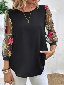 Hot Women's Shirt Blouse Floral Stylish Casual 3/4 Length Sleeve Crew Neck Regular Tops Daily Mesh Embroidered Print Black Navy Blue Summer Spring Women Spring Tops
