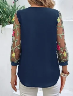 Hot Women's Shirt Blouse Floral Stylish Casual 3/4 Length Sleeve Crew Neck Regular Tops Daily Mesh Embroidered Print Black Navy Blue Summer Spring Women Spring Tops