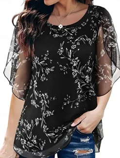 Discount Women's Shirt Blouse Floral Casual 3/4 Length Sleeve Crew Neck Regular Tops Daily Mesh Patchwork Print Black Wine Blue Summer Spring Women Spring Tops