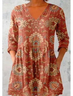 Discount Women's Shirt Blouse Floral Bohemia Daily Retro Vintage Long Sleeve V Neck Regular Tops Daily Print Wine Fuchsia Green Summer Spring Women Spring Tops