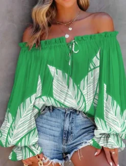 New Women's Shirt Blouse Floral Bohemia Retro Vintage Casual Long Sleeve Off Shoulder Regular Tops Daily Backless Print Blue Green Summer Spring Fall Women Blouses & Shirts|Spring Tops