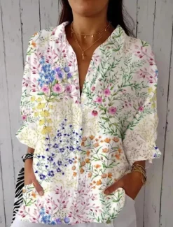 Discount Women's Shirt Blouse Floral Casual 3/4 Length Sleeve Shirt Collar Regular Tops Daily Patchwork Buttons White Green Fall Winter Women Spring Tops