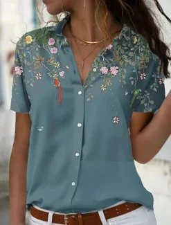 New Women's Shirt Blouse Floral Stylish Casual Short Sleeve Shirt Collar Regular Tops Daily Buttons Print Light Green Pink Blue Summer Spring Women Spring Tops|Blouses & Shirts