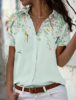 New Women's Shirt Blouse Floral Stylish Casual Short Sleeve Shirt Collar Regular Tops Daily Buttons Print Light Green Pink Blue Summer Spring Women Spring Tops|Blouses & Shirts