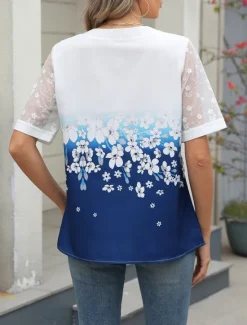 Best Women's Shirt Blouse Floral Stylish Casual Short Sleeve Notched Neck Regular Tops Daily Mesh Buttons Print Black Blue Summer Spring Women Spring Tops