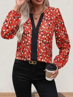 Clearance Women's Shirt Blouse Floral Stylish Casual Long Sleeve V Neck Regular Tops Daily Print Summer Spring Fall Women Blouses & Shirts|T-Shirts