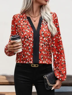 Clearance Women's Shirt Blouse Floral Stylish Casual Long Sleeve V Neck Regular Tops Daily Print Summer Spring Fall Women Blouses & Shirts|T-Shirts