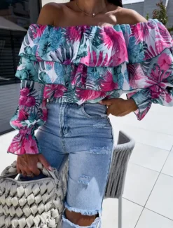 Outlet Women's Shirt Blouse Floral Leaf Stylish Casual Long Sleeve Off Shoulder Regular Tops Daily Ruffle Print Yellow Pink Purple Green Summer Spring Women Spring Tops|Blouses & Shirts