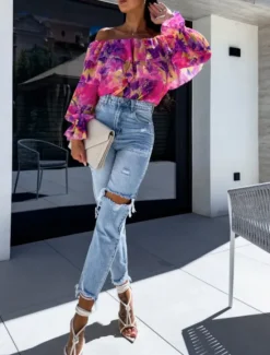 Outlet Women's Shirt Blouse Floral Leaf Stylish Casual Long Sleeve Off Shoulder Regular Tops Daily Ruffle Print Yellow Pink Purple Green Summer Spring Women Spring Tops|Blouses & Shirts