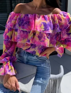 Outlet Women's Shirt Blouse Floral Leaf Stylish Casual Long Sleeve Off Shoulder Regular Tops Daily Ruffle Print Yellow Pink Purple Green Summer Spring Women Spring Tops|Blouses & Shirts