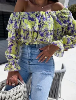 Outlet Women's Shirt Blouse Floral Leaf Stylish Casual Long Sleeve Off Shoulder Regular Tops Daily Ruffle Print Yellow Pink Purple Green Summer Spring Women Spring Tops|Blouses & Shirts