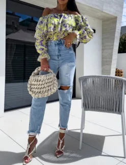 Outlet Women's Shirt Blouse Floral Leaf Stylish Casual Long Sleeve Off Shoulder Regular Tops Daily Ruffle Print Yellow Pink Purple Green Summer Spring Women Spring Tops|Blouses & Shirts