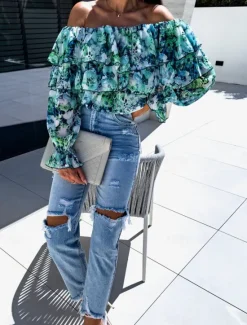Outlet Women's Shirt Blouse Floral Leaf Stylish Casual Long Sleeve Off Shoulder Regular Tops Daily Ruffle Print Yellow Pink Purple Green Summer Spring Women Spring Tops|Blouses & Shirts