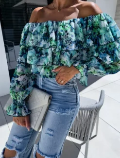 Outlet Women's Shirt Blouse Floral Leaf Stylish Casual Long Sleeve Off Shoulder Regular Tops Daily Ruffle Print Yellow Pink Purple Green Summer Spring Women Spring Tops|Blouses & Shirts