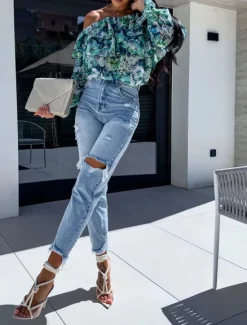 Outlet Women's Shirt Blouse Floral Leaf Stylish Casual Long Sleeve Off Shoulder Regular Tops Daily Ruffle Print Yellow Pink Purple Green Summer Spring Women Spring Tops|Blouses & Shirts