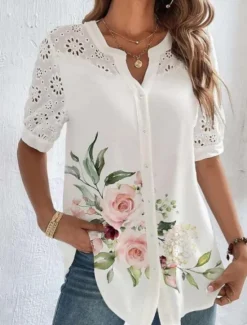 Women's Shirt Blouse Floral Stylish Casual Short Sleeve Shirt Collar Regular Tops Daily Lace Patchwork Buttons Pink Blue Summer Spring Women Blouses & Shirts