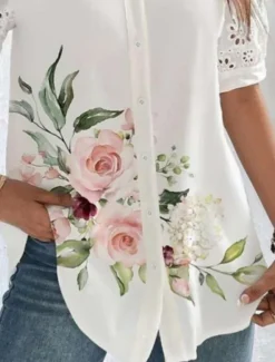 Women's Shirt Blouse Floral Stylish Casual Short Sleeve Shirt Collar Regular Tops Daily Lace Patchwork Buttons Pink Blue Summer Spring Women Blouses & Shirts