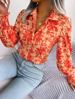 New Women's Shirt Blouse Floral Stylish Casual Long Sleeve Shirt Collar Regular Tops Daily Buttons Print Blue Summer Spring Fall Women Spring Tops