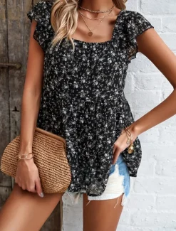 New Women's Shirt Blouse Floral Stylish Casual Short Sleeve Square Neck Regular Tops Daily Ruffle Print Black Yellow Red Beige Summer Women Spring Tops