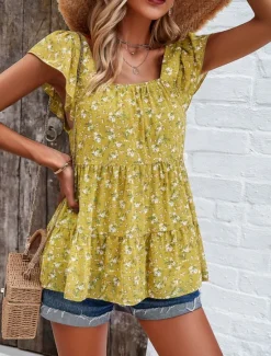 New Women's Shirt Blouse Floral Stylish Casual Short Sleeve Square Neck Regular Tops Daily Ruffle Print Black Yellow Red Beige Summer Women Spring Tops