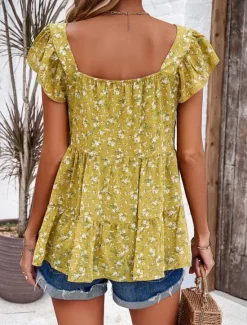 New Women's Shirt Blouse Floral Stylish Casual Short Sleeve Square Neck Regular Tops Daily Ruffle Print Black Yellow Red Beige Summer Women Spring Tops