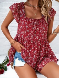 New Women's Shirt Blouse Floral Stylish Casual Short Sleeve Square Neck Regular Tops Daily Ruffle Print Black Yellow Red Beige Summer Women Spring Tops