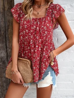 New Women's Shirt Blouse Floral Stylish Casual Short Sleeve Square Neck Regular Tops Daily Ruffle Print Black Yellow Red Beige Summer Women Spring Tops