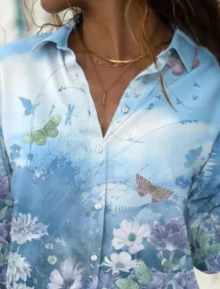 Online Women's Shirt Blouse Floral Stylish Casual Long Sleeve Shirt Collar Regular Tops Daily Buttons Print Pink Blue Purple Orange Summer Spring Women Spring Tops