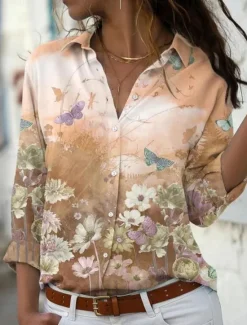 Online Women's Shirt Blouse Floral Stylish Casual Long Sleeve Shirt Collar Regular Tops Daily Buttons Print Pink Blue Purple Orange Summer Spring Women Spring Tops