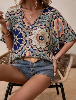 Outlet Women's Shirt Blouse Floral Bohemia Vintage Casual 3/4 Length Sleeve V Neck Regular Tops Daily Buttons Print Navy Blue Brown Summer Fall Women Boho Tops