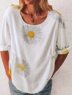 Sale Women's Shirt Blouse Floral Fashion Long Sleeve Round Neck Regular Tops Casual Holiday Buttons Print Black White Yellow Pink Green Spring & Fall Women Spring Tops
