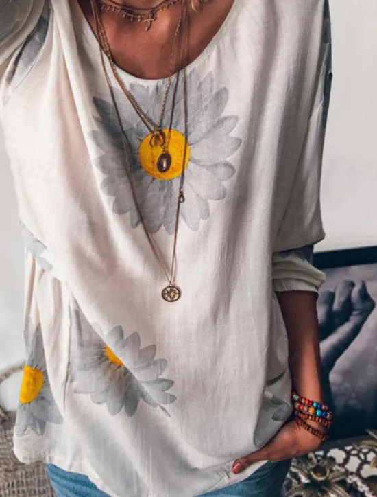 Sale Women's Shirt Blouse Floral Fashion Long Sleeve Round Neck Regular Tops Casual Holiday Buttons Print Black White Yellow Pink Green Spring & Fall Women Spring Tops
