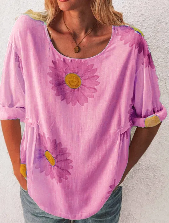 Sale Women's Shirt Blouse Floral Fashion Long Sleeve Round Neck Regular Tops Casual Holiday Buttons Print Black White Yellow Pink Green Spring & Fall Women Spring Tops