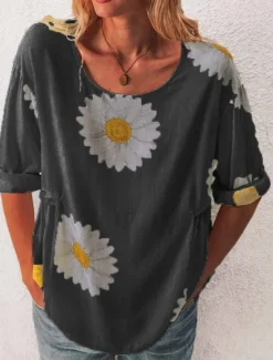Sale Women's Shirt Blouse Floral Fashion Long Sleeve Round Neck Regular Tops Casual Holiday Buttons Print Black White Yellow Pink Green Spring & Fall Women Spring Tops
