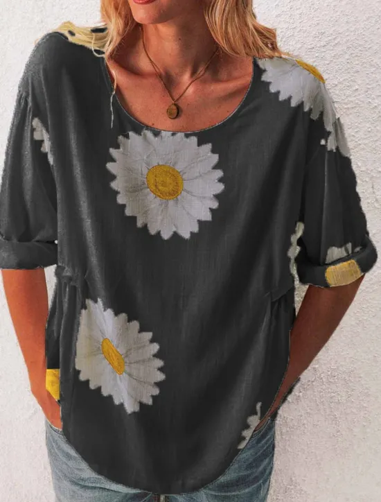 Sale Women's Shirt Blouse Floral Fashion Long Sleeve Round Neck Regular Tops Casual Holiday Buttons Print Black White Yellow Pink Green Spring & Fall Women Spring Tops