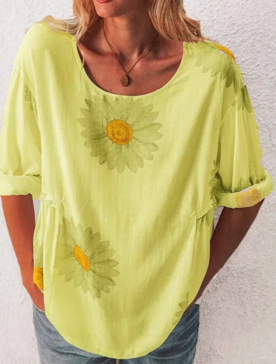 Sale Women's Shirt Blouse Floral Fashion Long Sleeve Round Neck Regular Tops Casual Holiday Buttons Print Black White Yellow Pink Green Spring & Fall Women Spring Tops