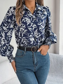 Best Women's Shirt Blouse Floral Stylish Casual Long Sleeve Shirt Collar Regular Tops Daily Buttons Print White Navy Blue Light Blue Summer Spring Women Spring Tops