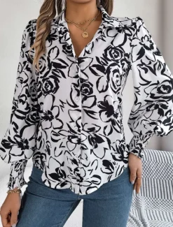 Best Women's Shirt Blouse Floral Stylish Casual Long Sleeve Shirt Collar Regular Tops Daily Buttons Print White Navy Blue Light Blue Summer Spring Women Spring Tops