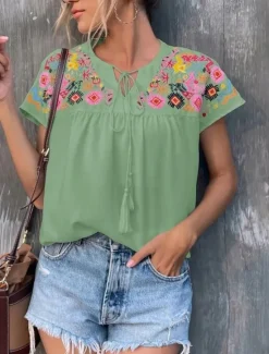 Best Women's Shirt Blouse Floral Bohemia Stylish Casual Short Sleeve V Neck Regular Tops Daily Tie Front Patchwork Embroidered White Green Summer Spring Fall Women Spring Tops