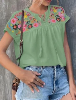 Best Women's Shirt Blouse Floral Bohemia Stylish Casual Short Sleeve V Neck Regular Tops Daily Tie Front Patchwork Embroidered White Green Summer Spring Fall Women Spring Tops