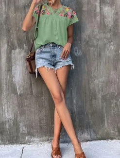 Best Women's Shirt Blouse Floral Bohemia Stylish Casual Short Sleeve V Neck Regular Tops Daily Tie Front Patchwork Embroidered White Green Summer Spring Fall Women Spring Tops