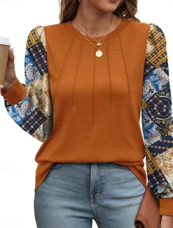 Outlet Women's Shirt Blouse Floral Casual Long Sleeve Crew Neck Regular Tops Daily Patchwork Print Black Brown Fall Winter Women Blouses & Shirts