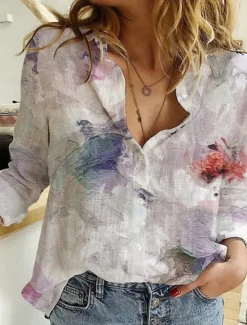 Best Women's Shirt Blouse Floral Stylish Casual Long Sleeve Shirt Collar Regular Tops Daily Buttons Print Purple Green Summer Spring Women Spring Tops