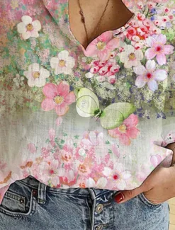 Best Women's Shirt Blouse Floral Stylish Casual Long Sleeve Shirt Collar Regular Tops Daily Buttons Print Purple Green Summer Spring Women Spring Tops