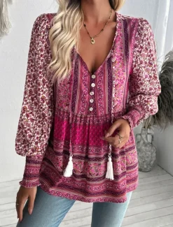 Online Women's Shirt Blouse Floral Bohemia Casual Long Sleeve V Neck Regular Tops Daily Print Blue Fuchsia Spring Fall Women Spring Tops