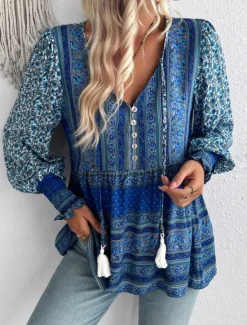 Online Women's Shirt Blouse Floral Bohemia Casual Long Sleeve V Neck Regular Tops Daily Print Blue Fuchsia Spring Fall Women Spring Tops